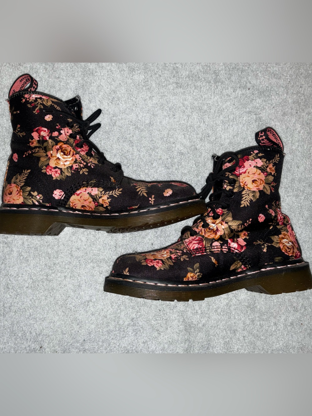 Dr. Martens Black Floral Lace-Up Boots with Pink and Cream Roses